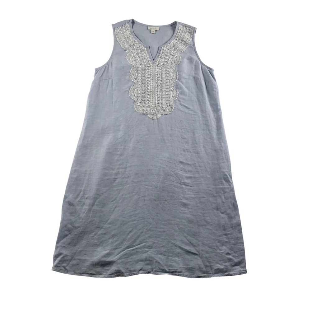 J. Jill Love Linen Light Blue Beaded Embroidered Sleeveless Shift Dress Small